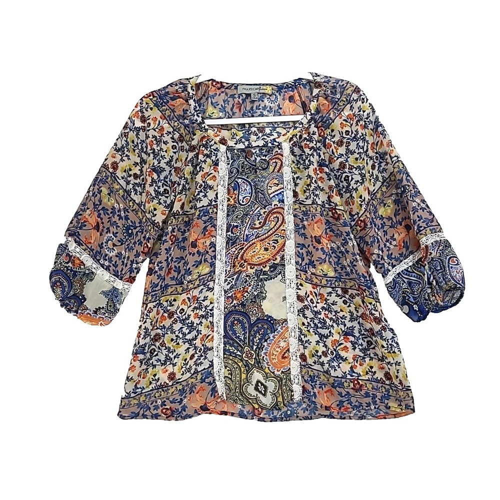 Figueroa And Flower Chiffon Sheer Paisley Floral Blouse Pullover Top S Small